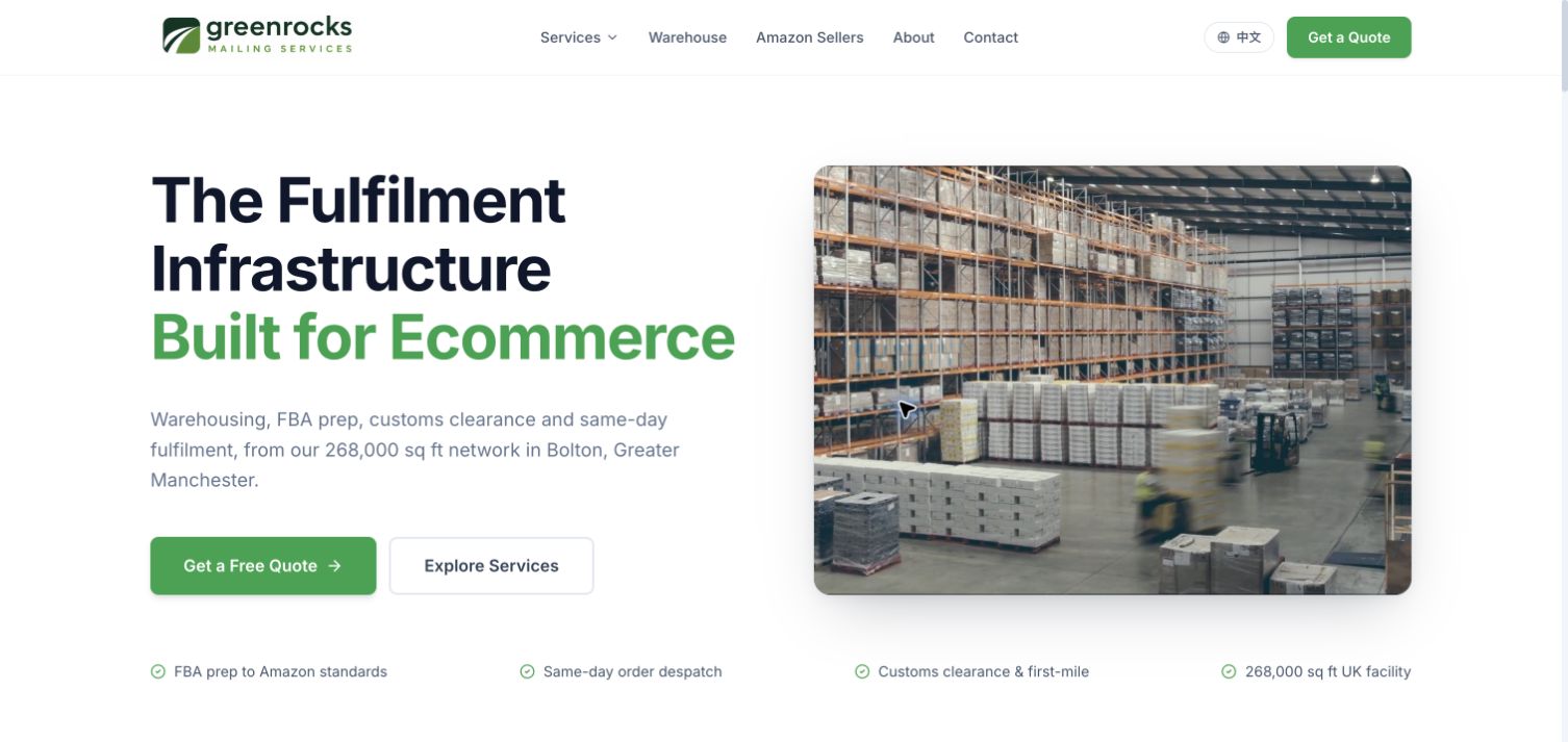 Greenrocks website showing its warehousing services and warehouse photograph